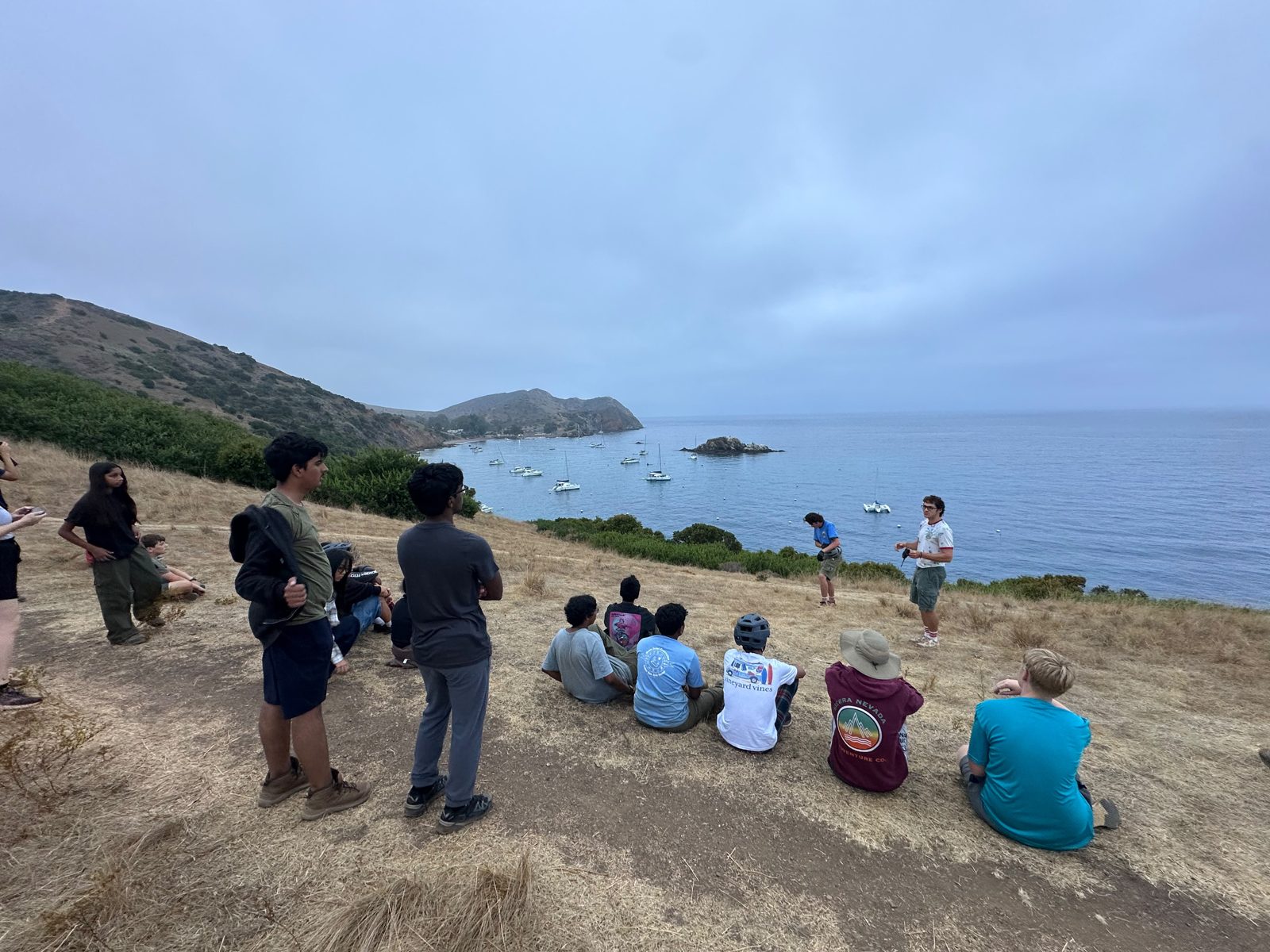 Troop 443 scouts overlooking Emerald Bay on Catalina Island
