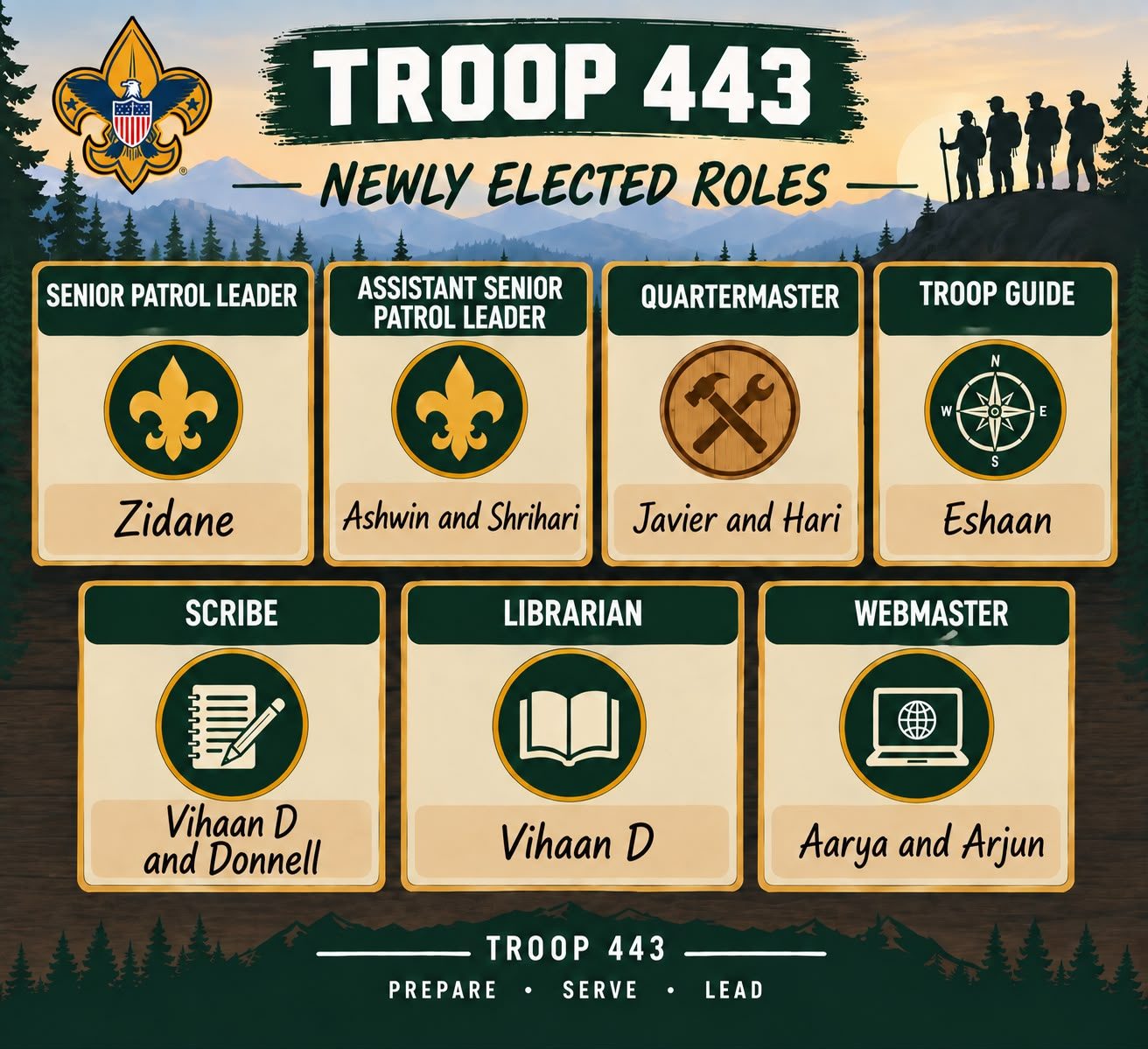 Graphic listing Troop 443 newly elected youth leaders